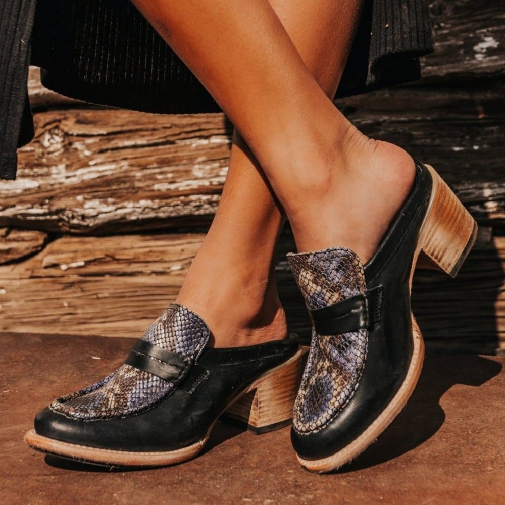 Freebird by Steven Black Leather Mules with Snake-Print Vamp